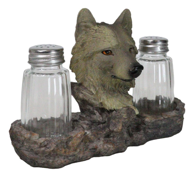 Grey Wolf Head By Woodlands Forest Glass Salt & Pepper Shakers Holder Figurine