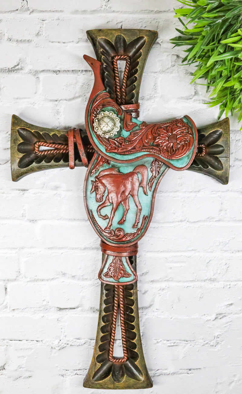 Rustic Western Cowboy Fancy Horse Saddle With Concho And Floral Motif Wall Cross