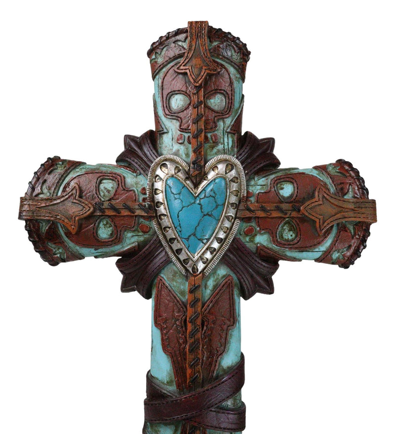 Rustic Western Faux Leather Aztec Boot Design Turquoise Stone Heart Wall Cross