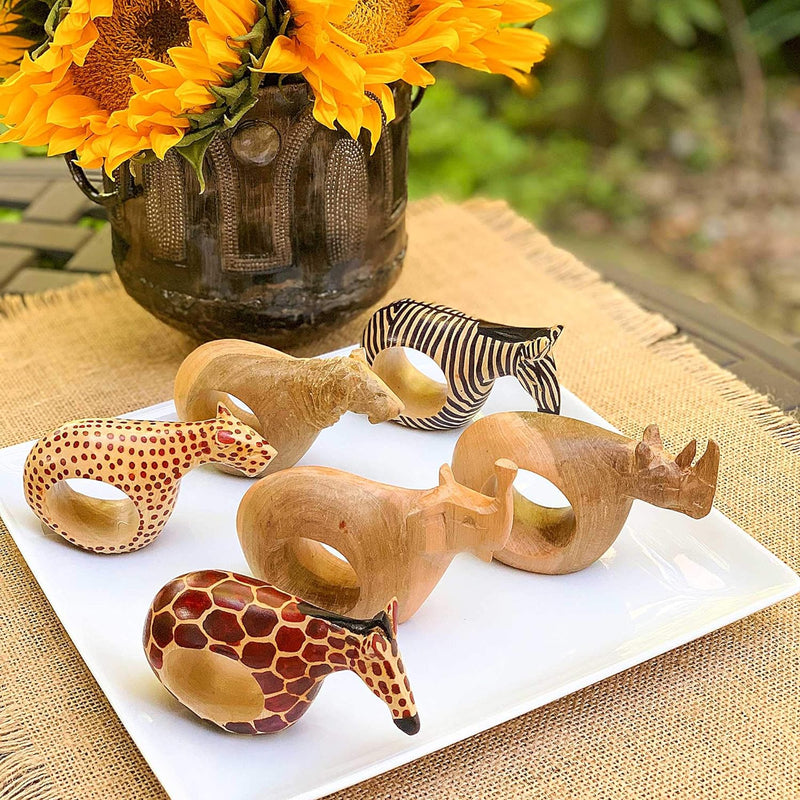 Kitchen Dining Napkin Rings Holders Set of Six Safari Wild Animals Mahogany Wood