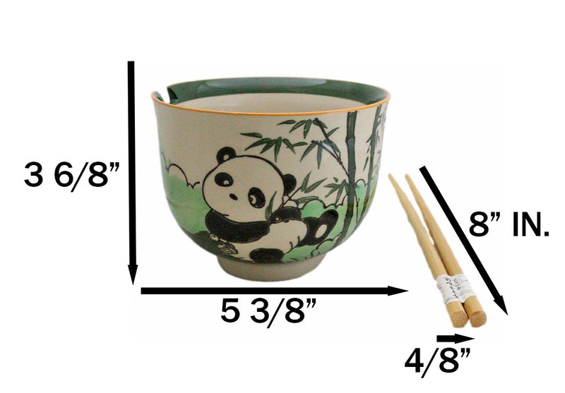 Bamboo Forest Green Panda Bear Ceramic Donburi Ramen Bowl With Chopsticks Set