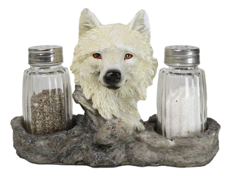 White Wolf Head By Woodlands Forest Glass Salt & Pepper Shakers Holder Figurine