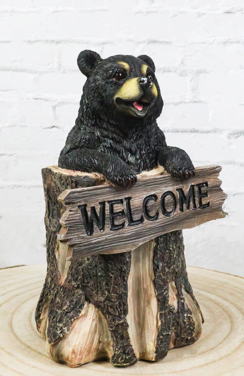 Whimsical Forest Black Bear On Tree Log Holding Welcome Plank Sign Figurine 7"H