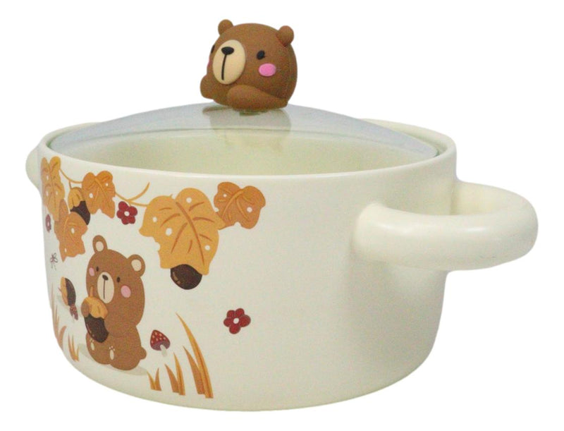 Autumn Brown Bear With Acorns Donburi Ramen Soup Bowl With Glass Lid And Handles