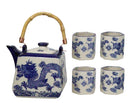 Heavenly Blue Oriental Ryu Dragon King Hexagonal Teapot With 4 Tea Cups Set