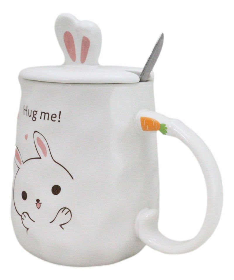 White Bunny Rabbit Hug Me Ceramic Mug With Bunny Ears Lid And Stirring Spoon