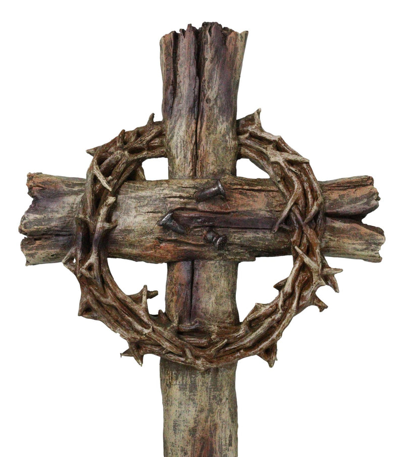 Rustic Via Dolorosa Calvary Crown of Thorns and Nails Faux Wooden Wall Cross