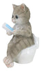 Shorthair Grey Cat Kitten Bookworm with Book Sitting On Toilet Potty Figurine