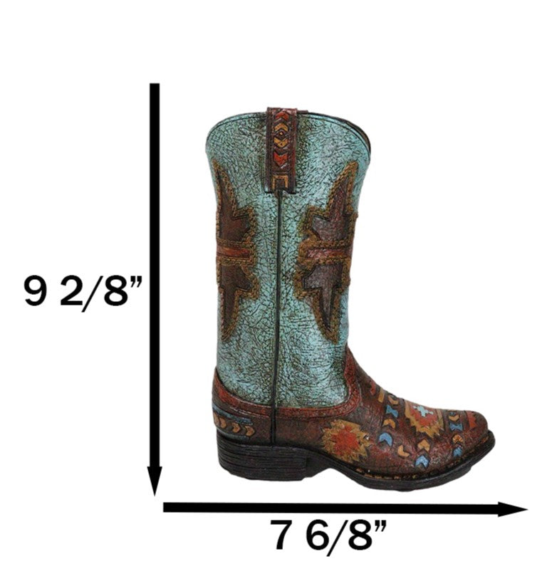 Southwestern Turquoise Tribal Aztec Patterns Faux Leather Cowboy Boot Vase