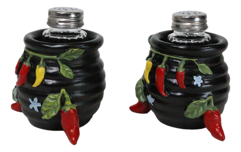 Southwestern Pot Of Chili Peppers Canister Jars Salt Pepper Shakers Holder Set