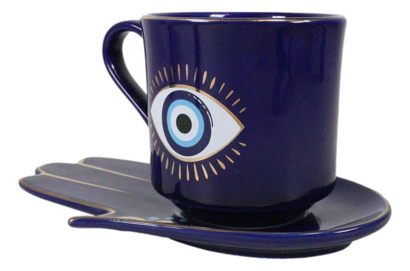 Blue Evil Eye Of Providence Hamsa Palmistry Hand Palm Mug Cup With Saucer Set