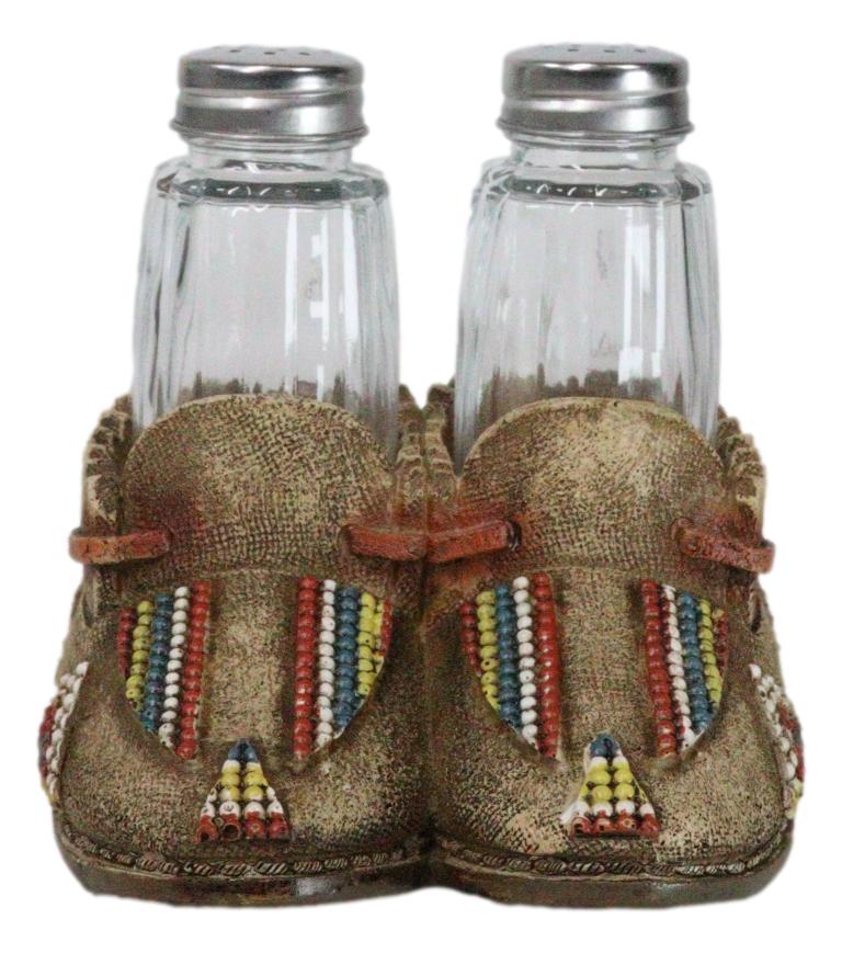 Rustic Tribal Native Indian Moccasin Shoe Shaped Salt And Pepper Shakers Holder