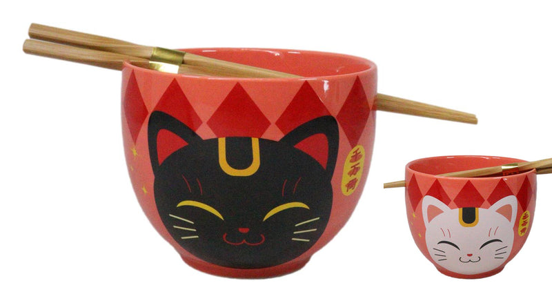 Red Maneki Neko Lucky Cats Ceramic Donburi Ramen Soup Bowl With Chopsticks Set