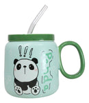 Whimsical Anime Green Giant Panda 16oz Ceramic Mug Cup With Lid And Glass Straw