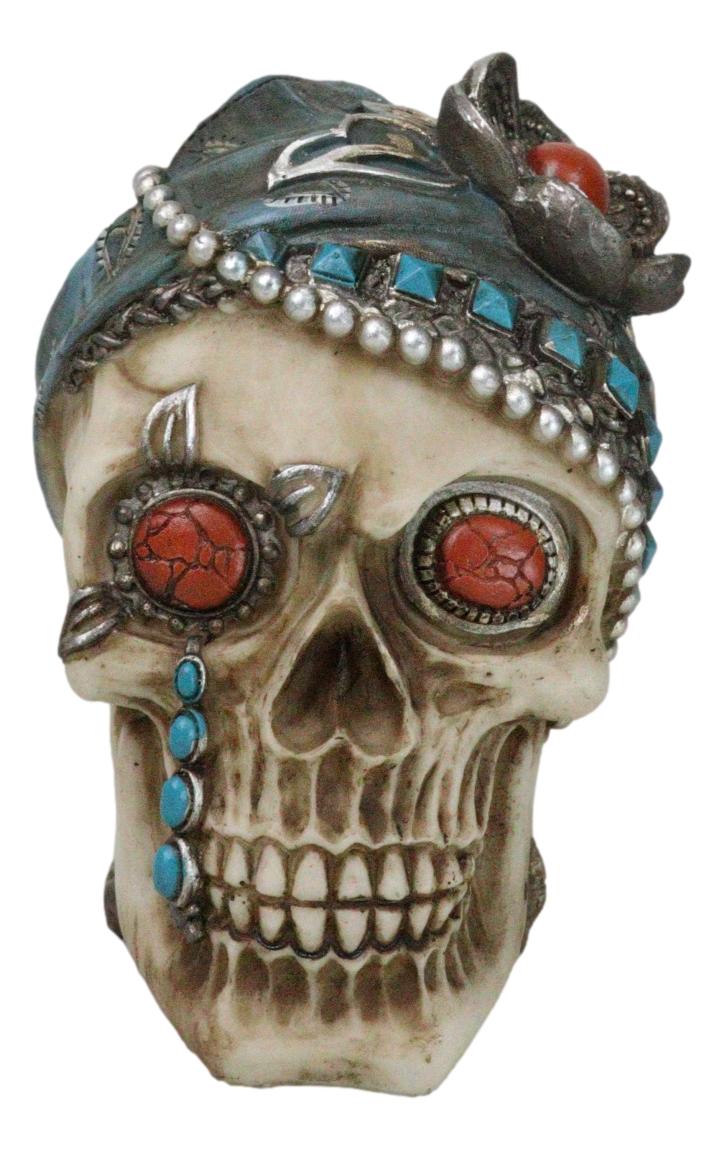 Lady Madame Boudoir Gothic Camo Turquoise Jewelry Skull W/ Red Eyes Figurine