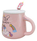 Pastel Pink Whimsical Unicorn Rainbow Shooting Star Mug With Spoon And Lid