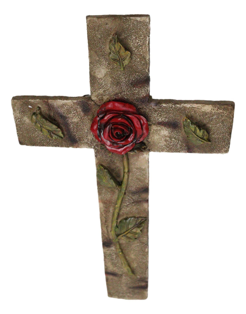 Rustic Western Rose of Sharon Red Rose Stalk With Green Petals Wall Cross Decor