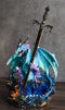 Blue Frozen Arctic Dragon Holding Pearl and Gothic Sword Letter Opener Figurine