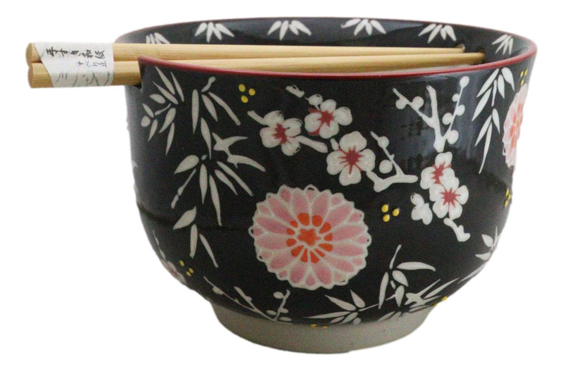 Black Blossoms Floral Design Large 24Oz Donburi Ramen Bowl With Chopsticks Set