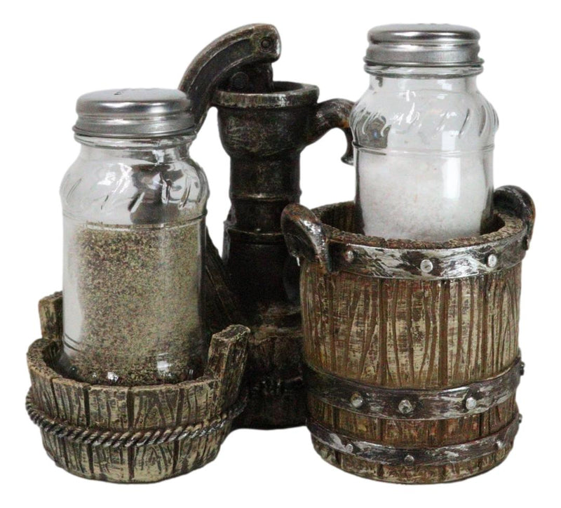 Old Fashioned Water Pump With Horseshoes By Barrels Salt Pepper Shakers Set