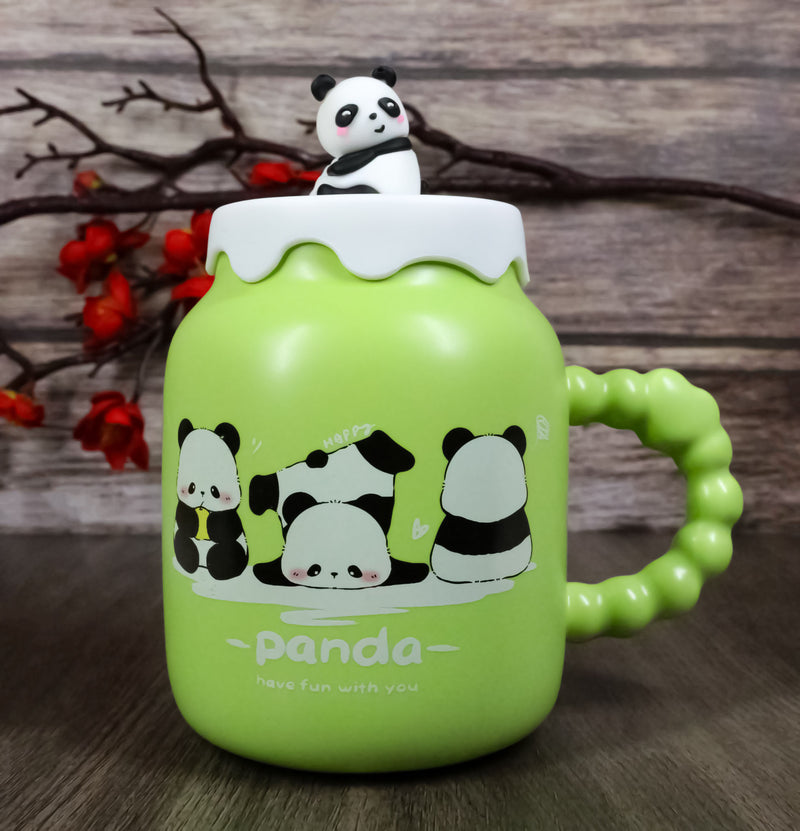 Acrobatic Green Panda Bears Green Mug With Anime Panda Figurine Handle Lid