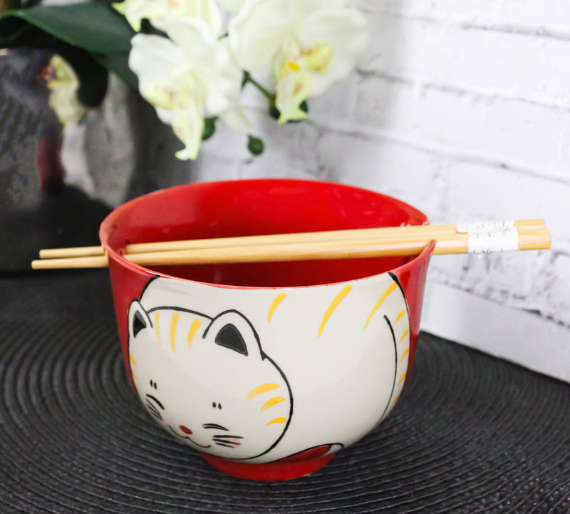 Red Cute Chubby Kitty Cat Ceramic Donburi Ramen Bowl With Chopsticks Set