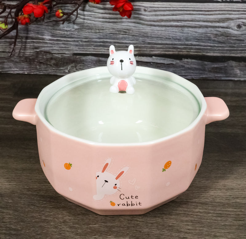 Ceramic Pink Rabbit With Carrots 30oz Noodle Dessert Food Bowl W/ Glass Lid