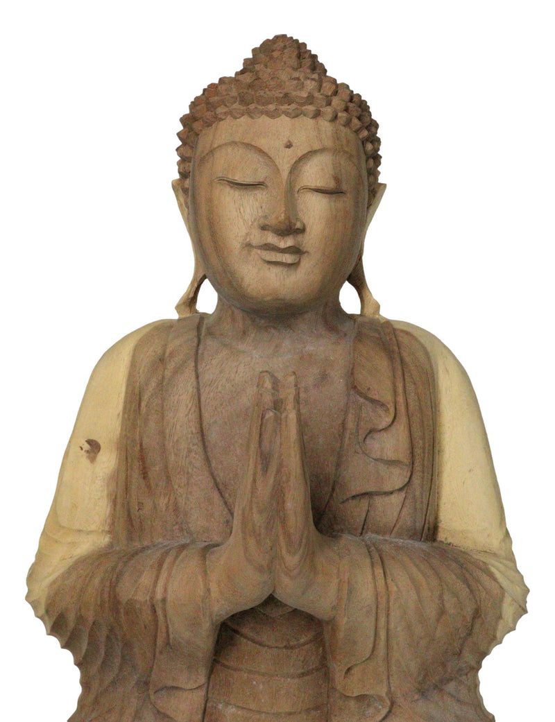 Acacia Wood Large Meditating Buddha Gautama Amitabha In Prayer Statue 21"H