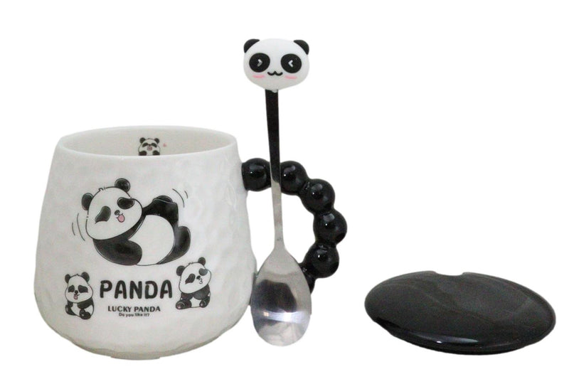 Ceramic Cute Lucky Panda Bear Cartoon With Lid And Panda Head Spoon Mug Cup