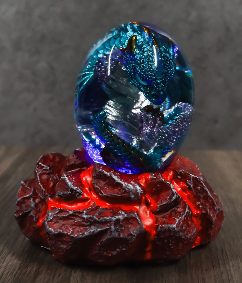 Blue Dragon In Acrylic Glass Egg With Aqua Crystals And LED Lava Rock Bases