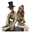 Gothic Skeleton Bridal Couple Sitting On Grave Tombstone With Red Roses Figurine