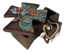 Rustic Western Turquoise Floral Scroll Faux Leather Cross Jewelry Trinket Box