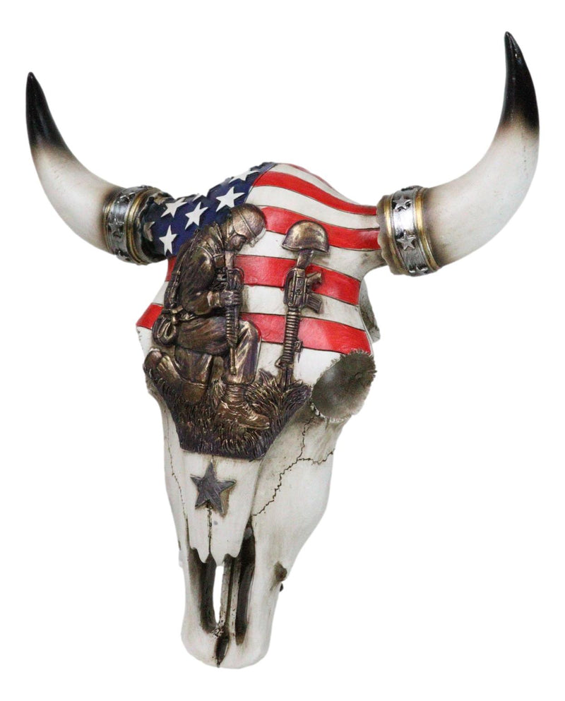 Western Patriotic USA Flag Helmet Rifle Soldier Memorial Cow Skull Wall Decor