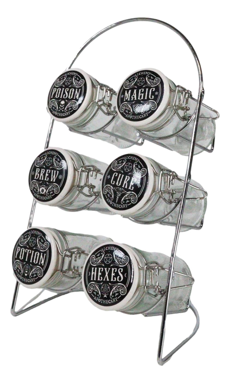 Wicca Kitchen Witch Alchemy Apothecary Jar Spice Metal Rack With 6 Glass Jars