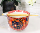 Colorful Spring Flowers Ceramic Donburi Ramen Soup Red Bowl With Chopsticks Set