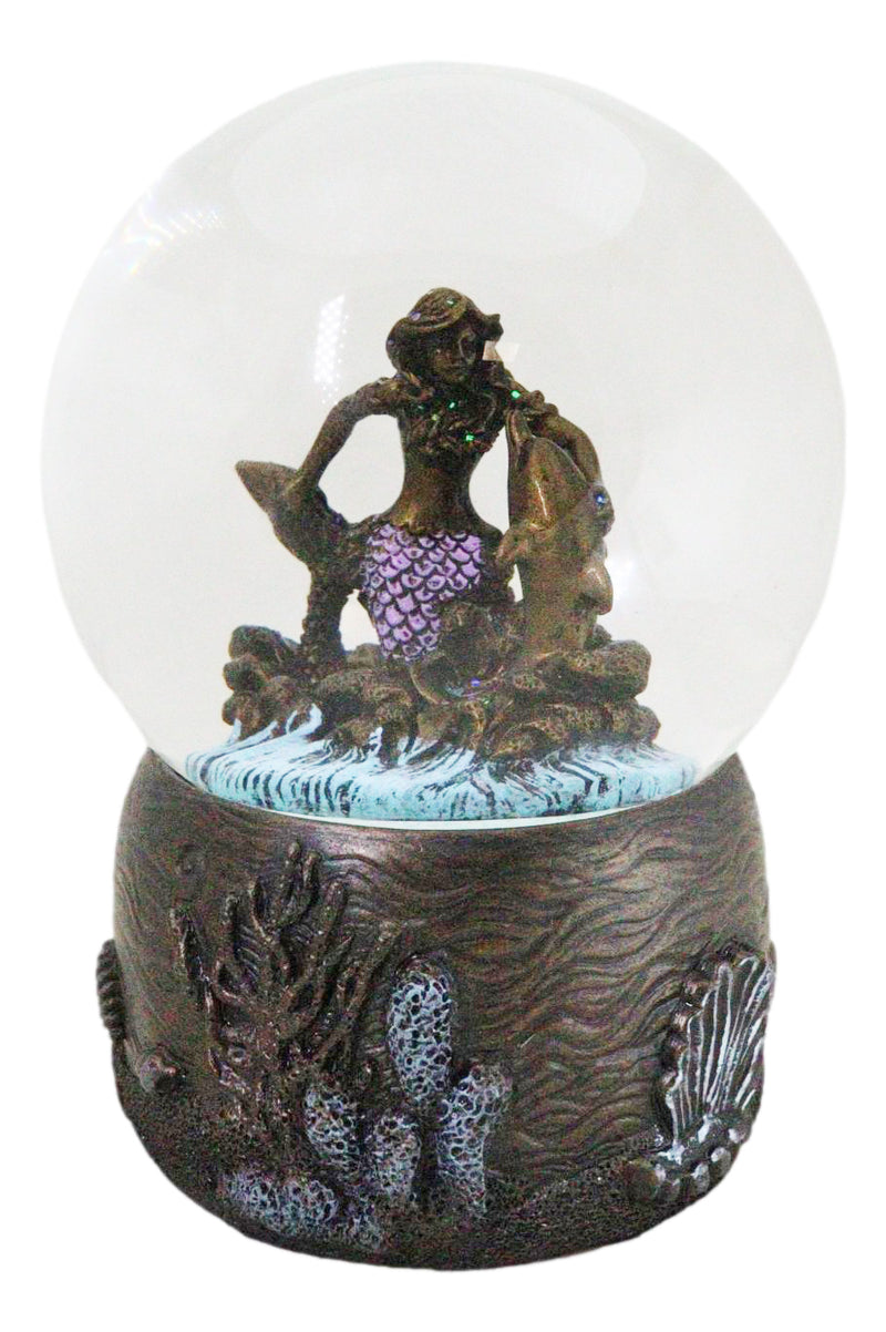 Marine Ocean Atlantis Goddess Mermaid Playing With Dolphin Water Globe Figurine