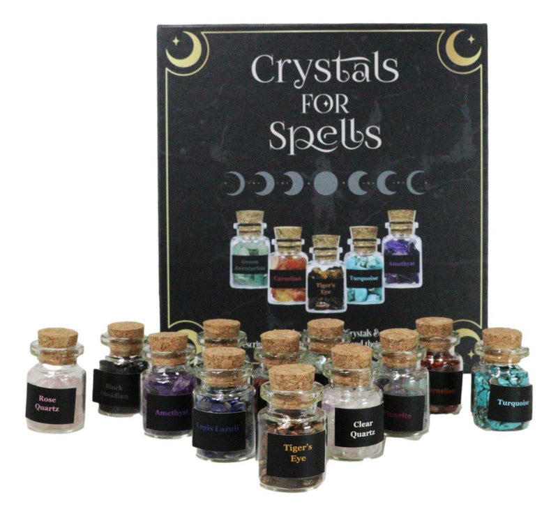 Witchcraft Crystals for Spells Crystal Variety Chip Bottle Set of 12 Book Case