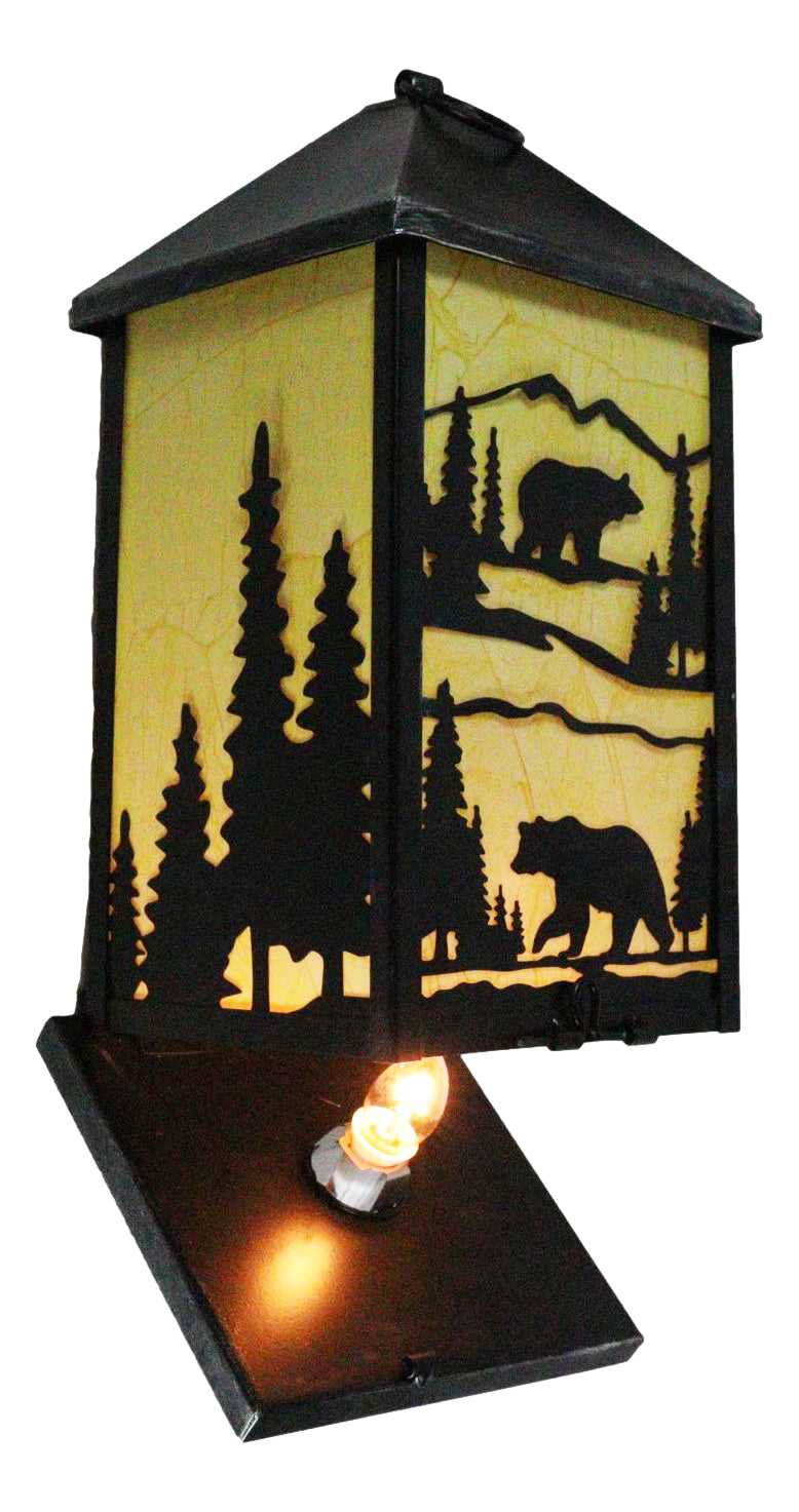 Rustic Black Bear Scenic Forest Mountains Electric Metal Wall Or Floor Lantern