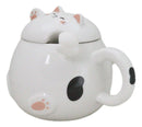 Whimsical White Chubby Feline Kitty Cat Cup Mug With Lid And Stirring Spoon