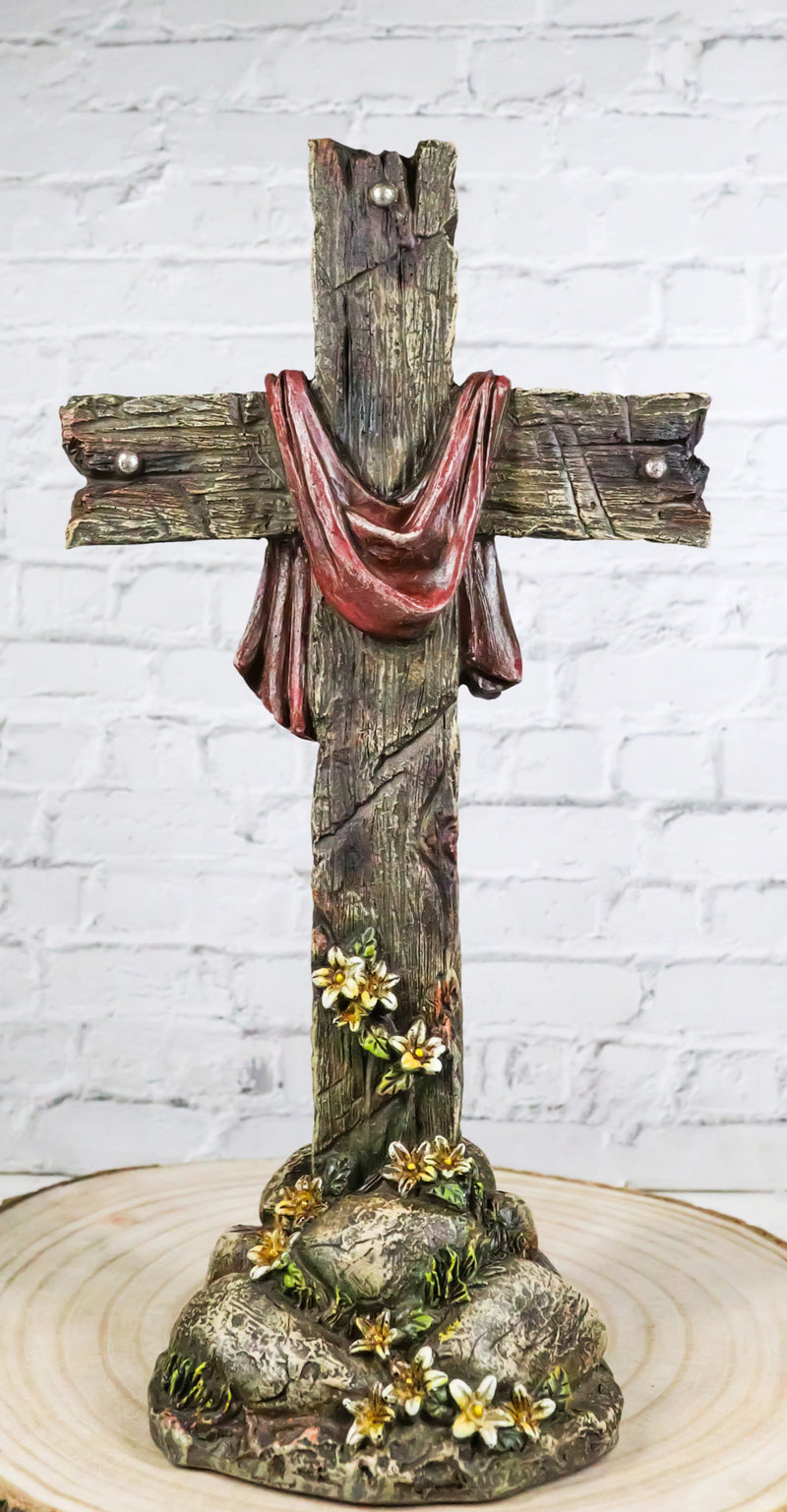 Faux Distressed Wood Scarlet Robe With Rose Of Sharon Standing Cross On Rocks