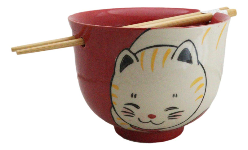 Red Cute Chubby Kitty Cat Ceramic Donburi Ramen Bowl With Chopsticks Set