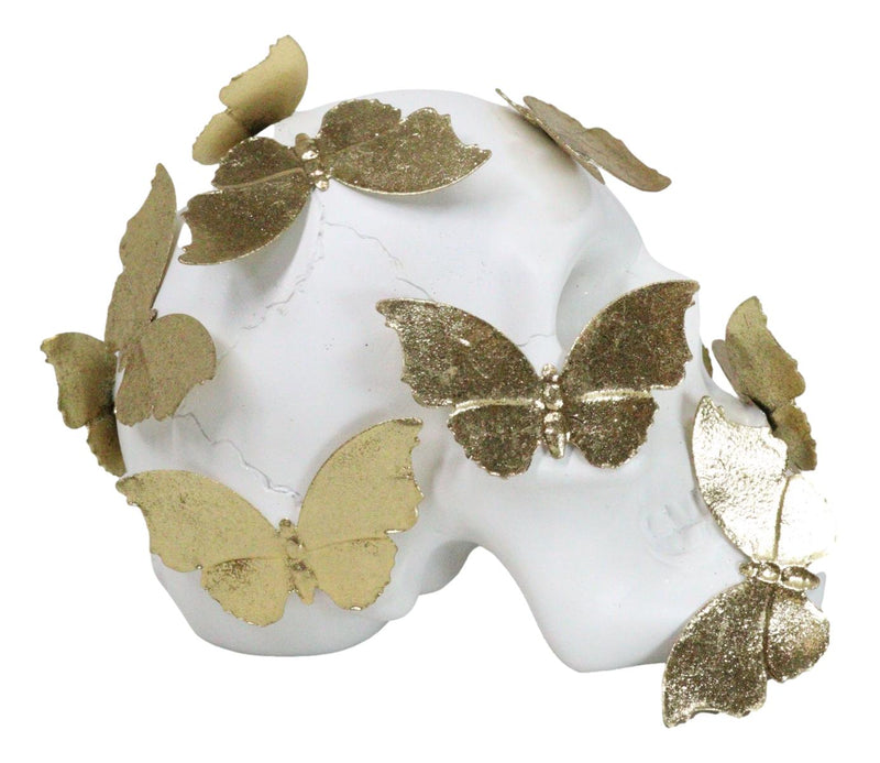 Boudoir Style French Papillon Gold Patina Butterflies On White Skull Figurine