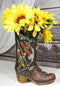 Western Tribal Native Indian Hand Axe Peace Pipe and Feathers Cowboy Boot Vase