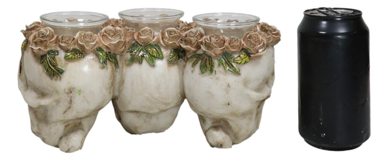 Gothic Skulls With Pink Roses Laurel Triple Votive Tea Light Candles Holder