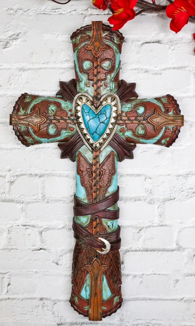 Rustic Western Faux Leather Aztec Boot Design Turquoise Stone Heart Wall Cross