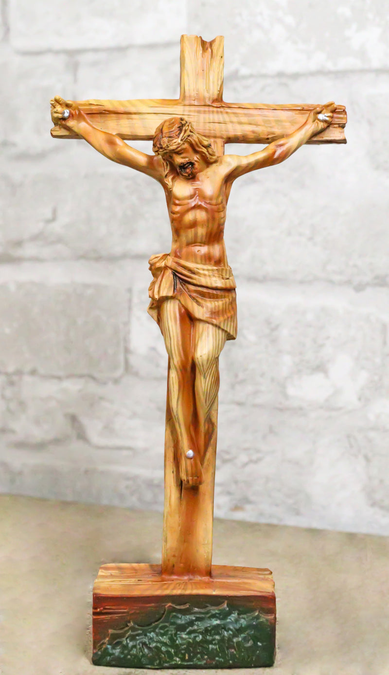 Passion Of Jesus Christ Nailed To The Cross In Faux Cedar Wood Finish Figurine