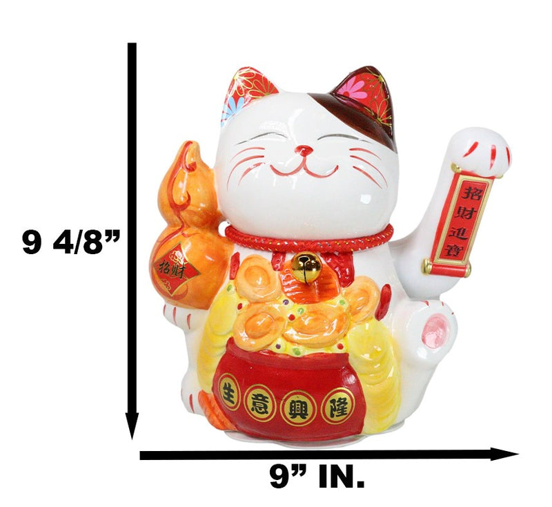 Japanese Lucky Charm White Beckoning Cat Maneki Neko With Waving Arm Statue 10"