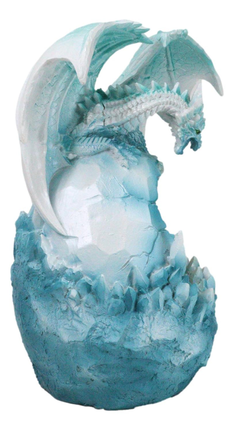 Winter Snow Dragon Resting On Frozen Snow Geode Egg With LED Crystals Figurine