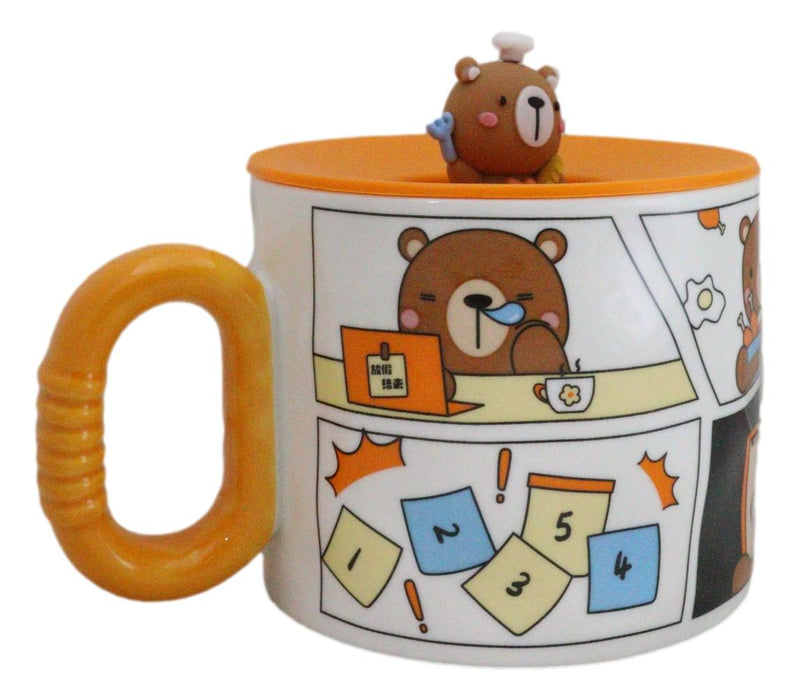 Whimsical Brown Bear Cub With Leave Diary Cartoon Ceramic Mug With Silicone Lid