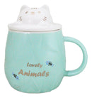 Whimsical Green Chubby Feline Kitty Cat Cup Mug With Lid And Stirring Spoon